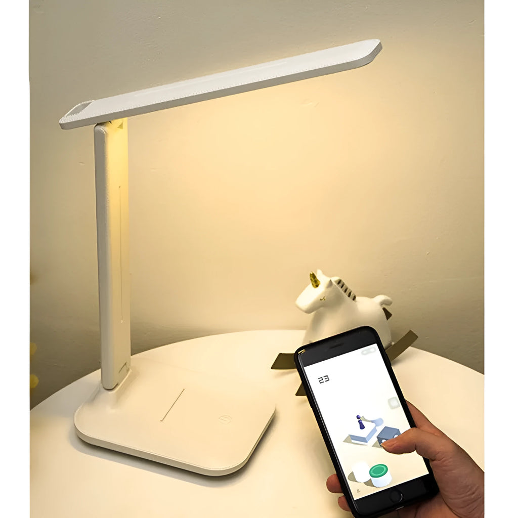 White plastic LED table lamp with touch dimming control and USB charging for children's bedroom use