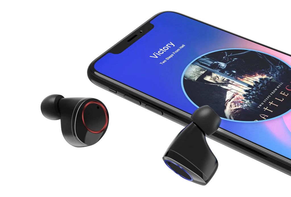 Black X11 wireless Bluetooth earbuds and charging case with silicone ear tips on a white background.