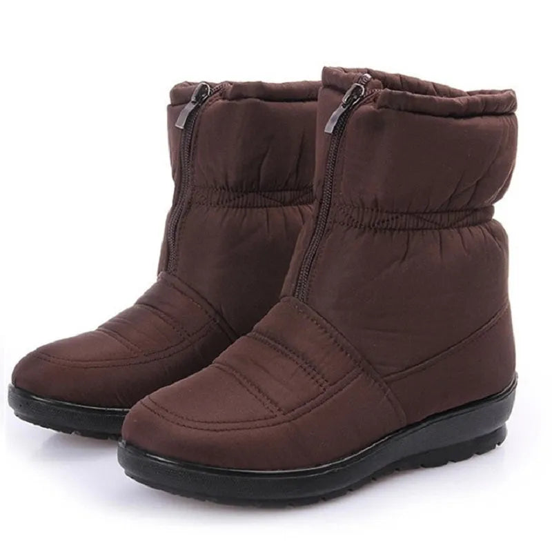Women's winter snow boots with cloth upper, 3cm heel, 16cm tube height, artificial thick hair lining, black brown red.