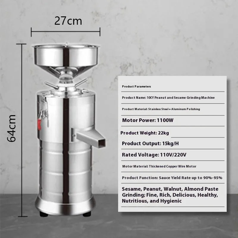 Electric sesame paste grinding machine with stainless steel and aluminium construction