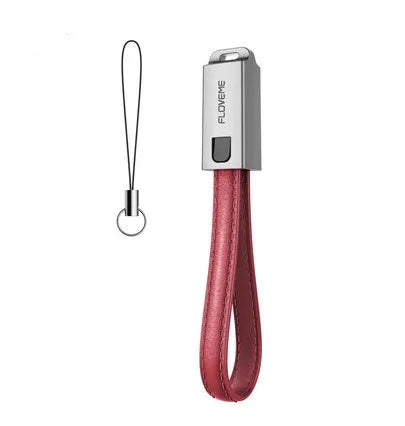 Red leather and zinc alloy braided USB C to Apple Lightning charging cable, 20cm long.