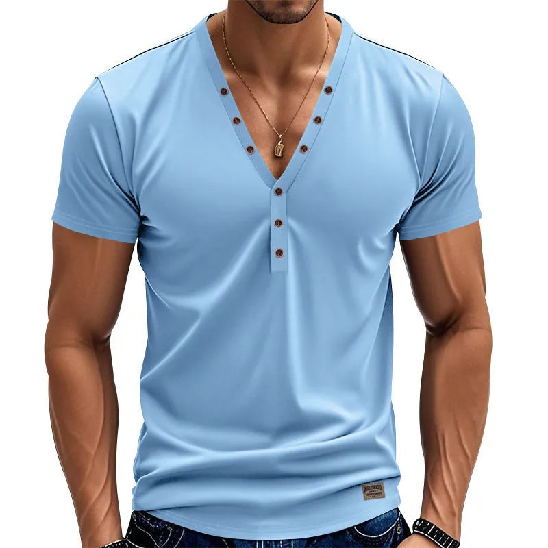 Men's loose V-neck casual shirt with button detail in chemical fibre blend fabric