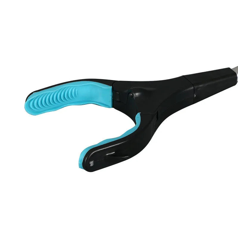 Blue foldable portable pickup tool with telescopic handle extended to 83.5 cm next to folded 13 cm version
