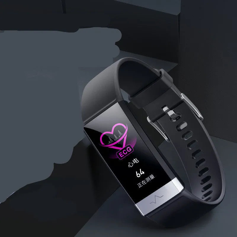 V19 smart health monitoring bracelet in black, blue, or red colours showing its display and TPU wrist strap.