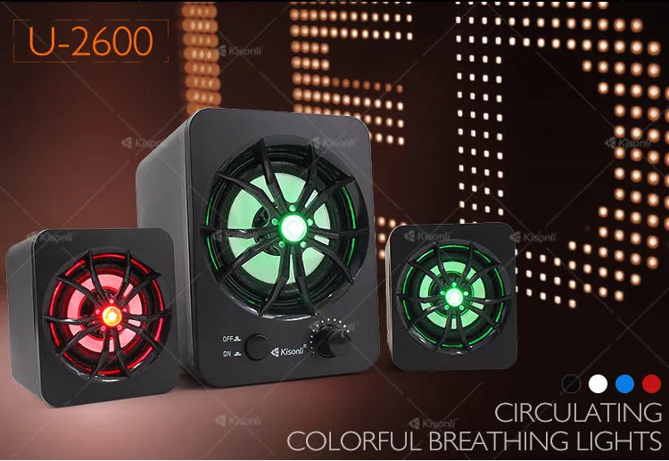 Mini USB computer speaker model U-2600 with glowing green light and 2.1 system design