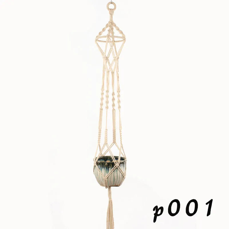 Woven wire plant basket with cotton rope, shown as a desktop planter and wall hanging style.