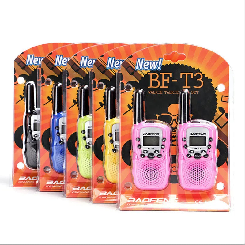 Children's handheld walkie talkie set in multiple colour options showing 22-channel capability