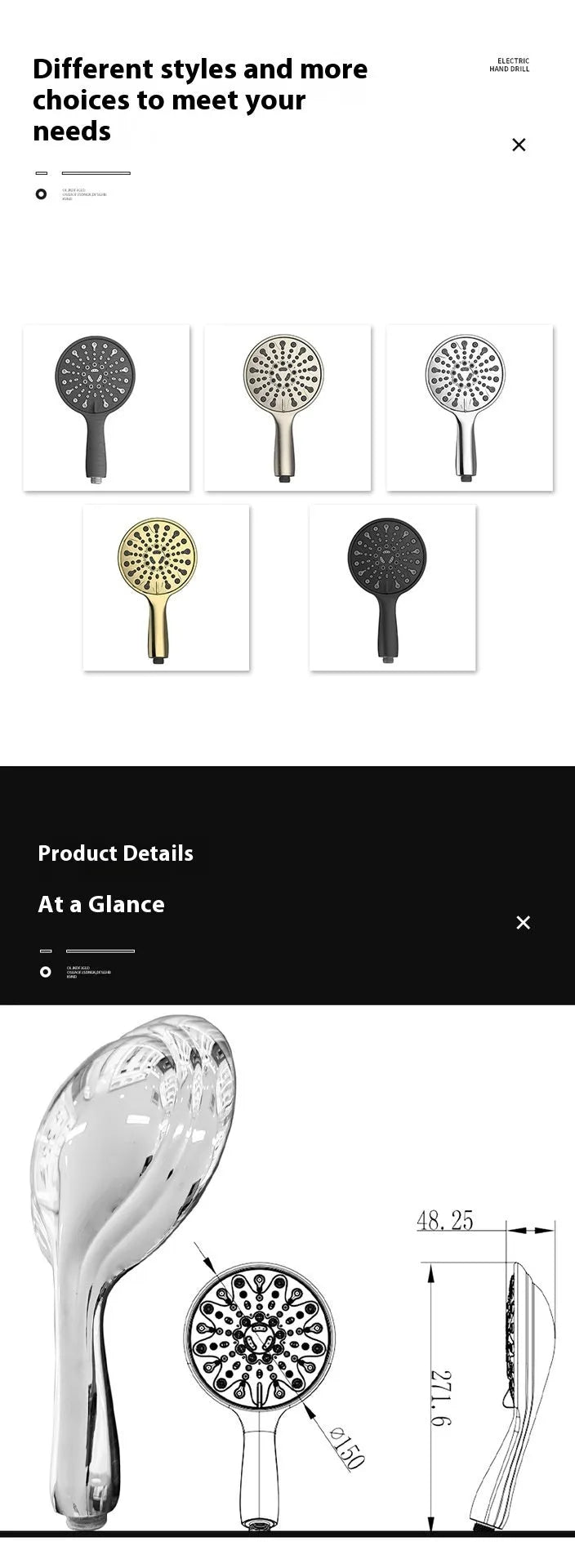 Six-function handheld shower with 6-inch ABS shower head and electroplated finish