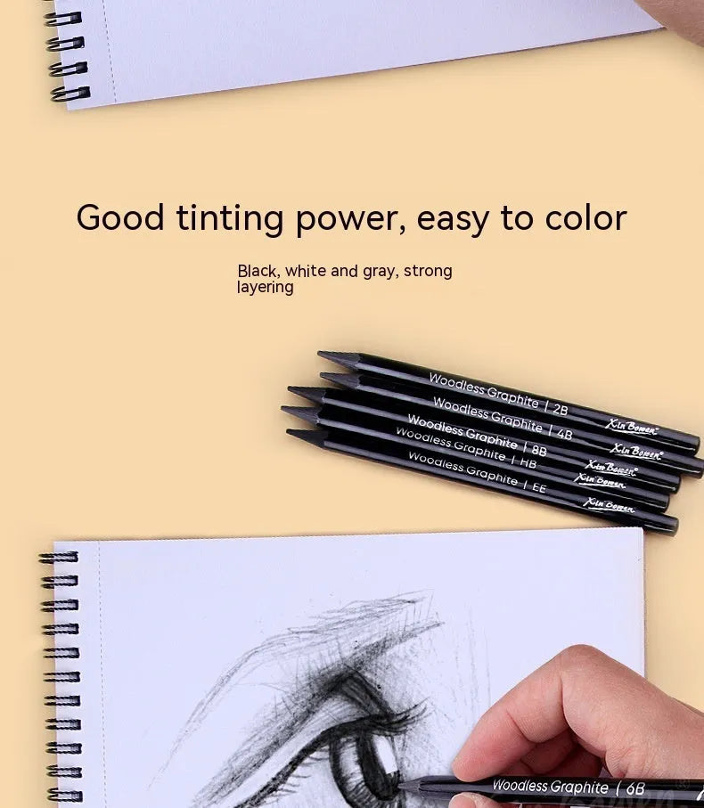 Set of wood-free graphite sketching pencils showing six different hardness grades including HB 2B 4B 6B 8B and EE