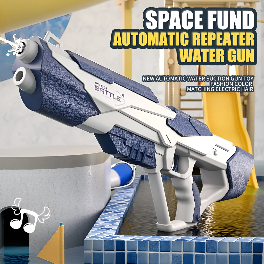 Blue electric space water gun toy with trigger and large water tank for outdoor play