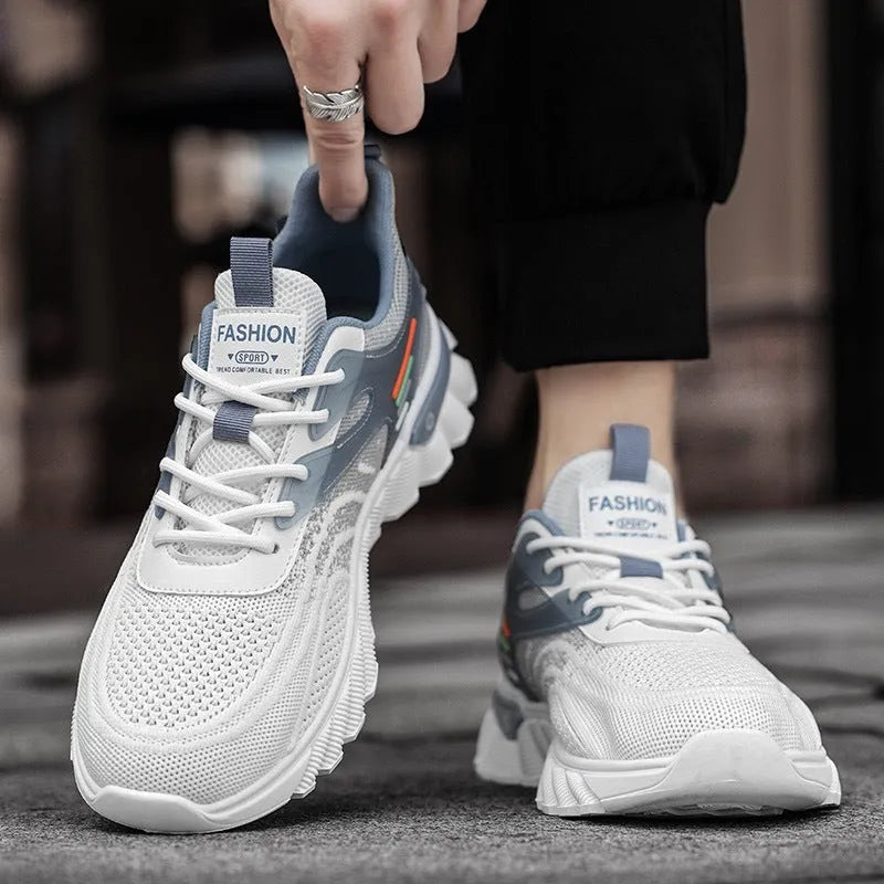 Men's white blue platform casual sports shoes with mesh upper and cross shoulder strap detail