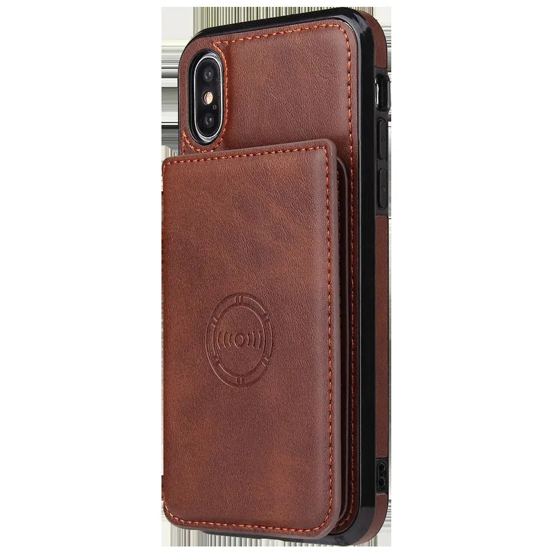 Imitation leather card wallet phone back cover for iPhone in black, blue, brown, orange, pink, and red.