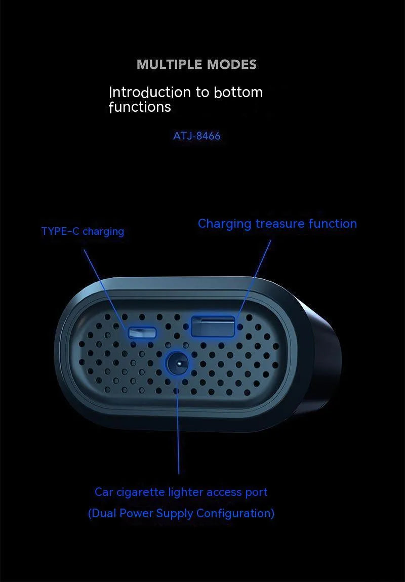 Black handheld wireless digital tyre inflator with LED display and flexible hose on a grey background.