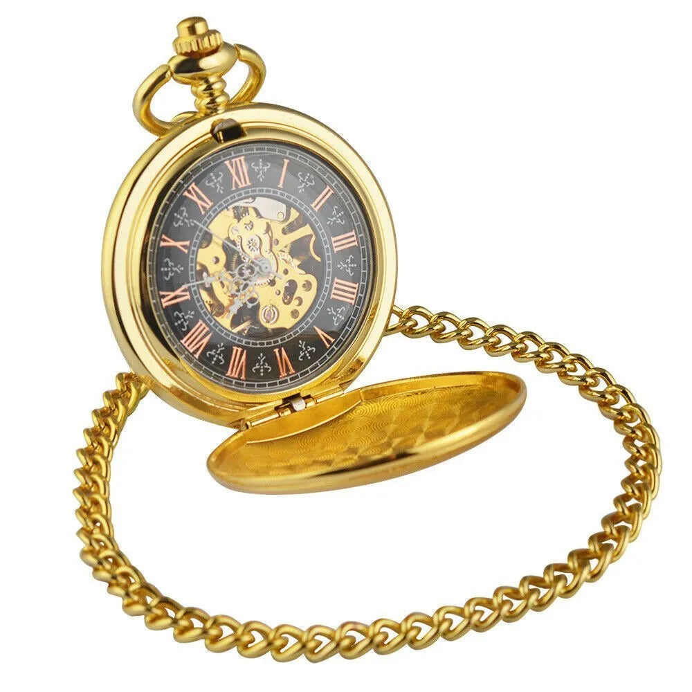 Retro hollow case automatic pocket watch with large floral dial on thick alloy strap