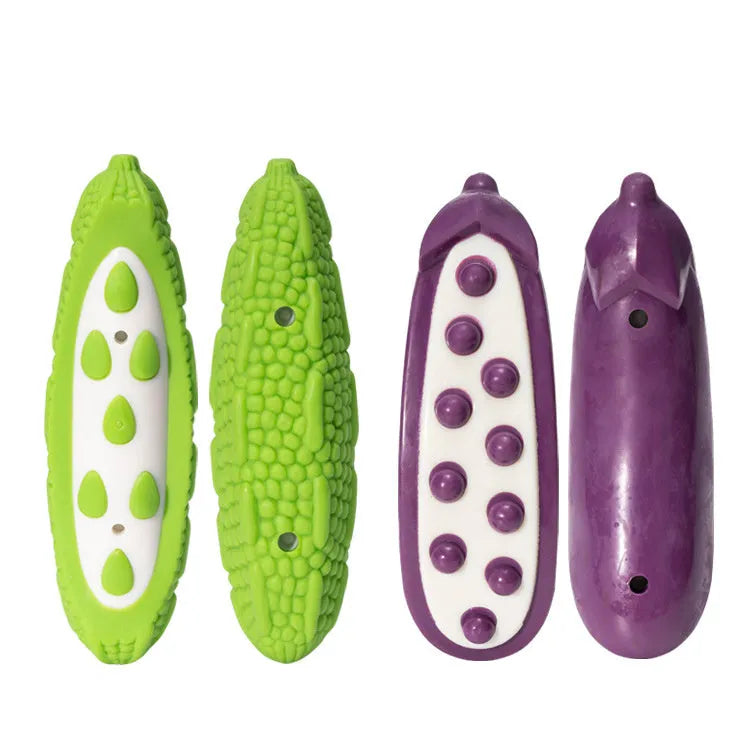 Green and purple simulation bone dog chew toys shown in large and small sizes