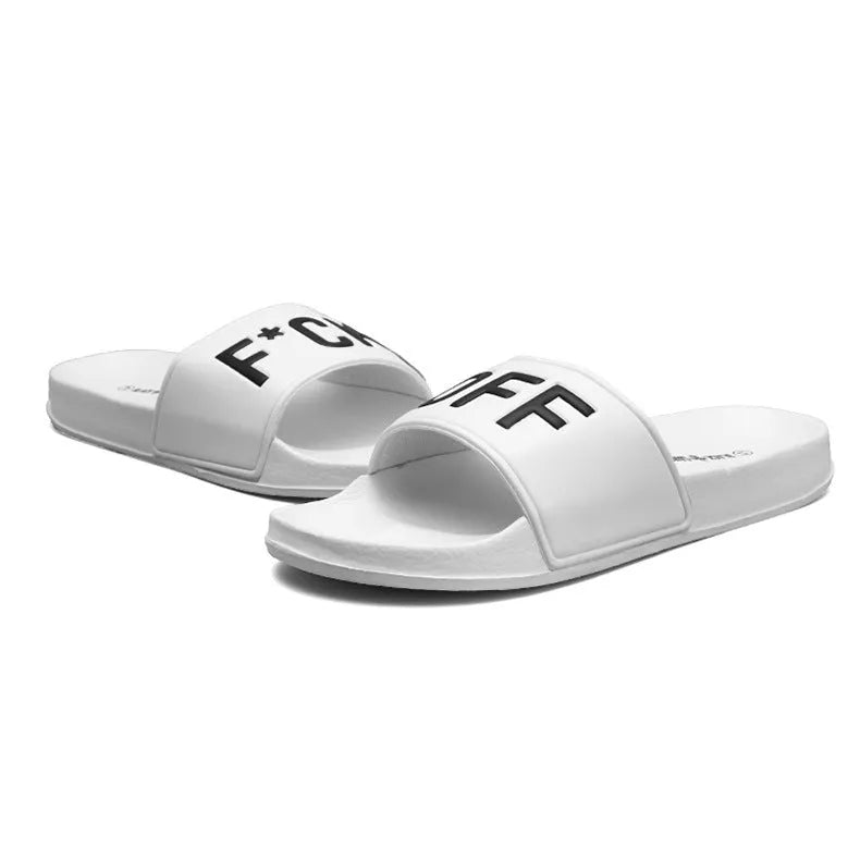 Men's personalised open toe slippers with rubber soles available in black and white colours