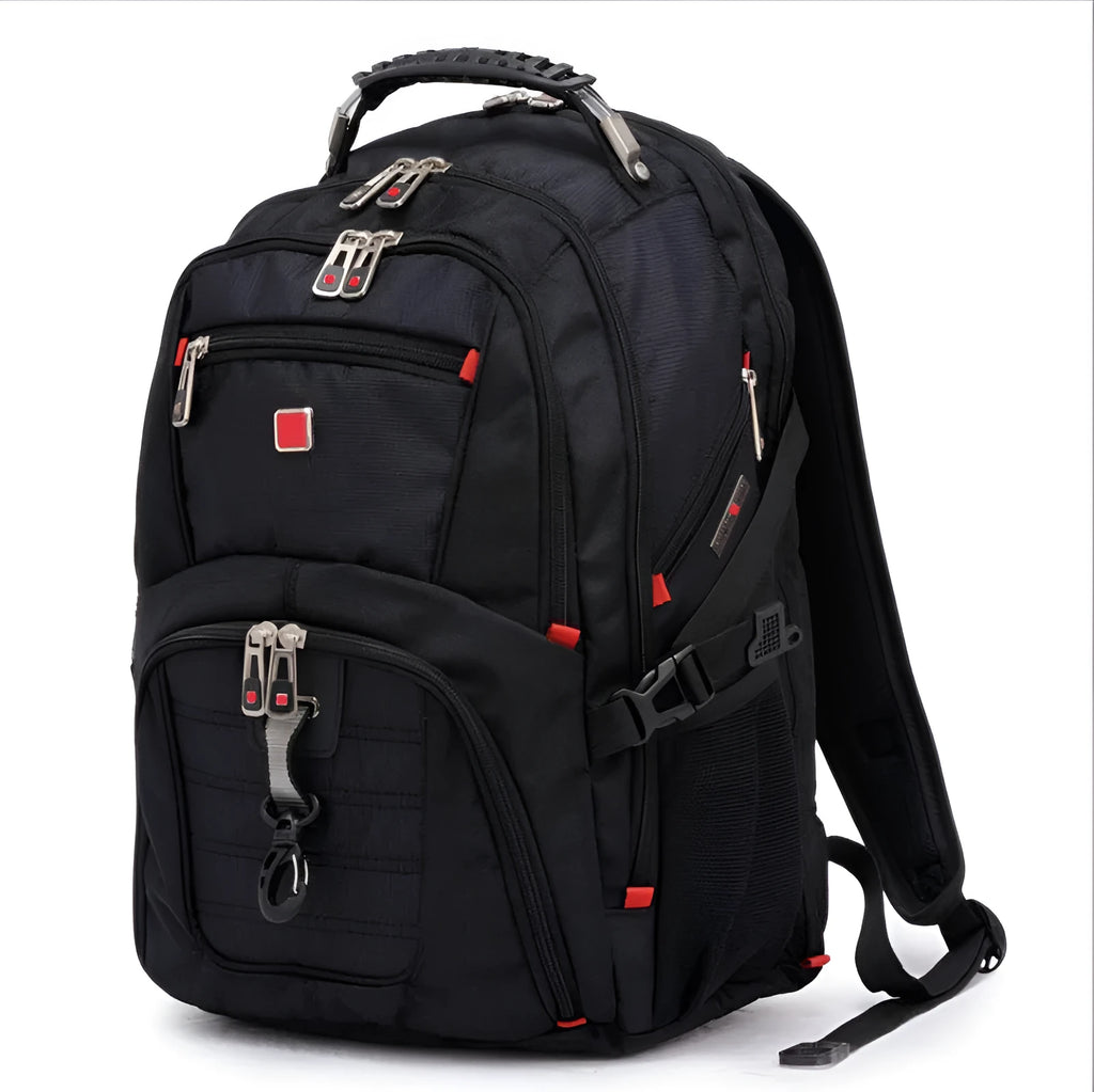 Black business computer backpack showing three compartments and side mesh pockets