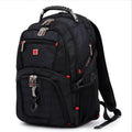 Black business computer backpack showing three compartments and side mesh pockets
