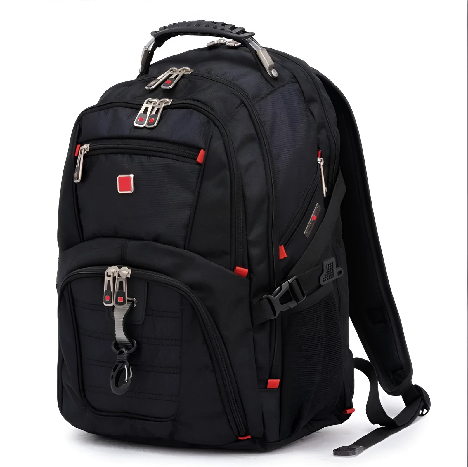 Black business computer backpack showing three compartments and side mesh pockets