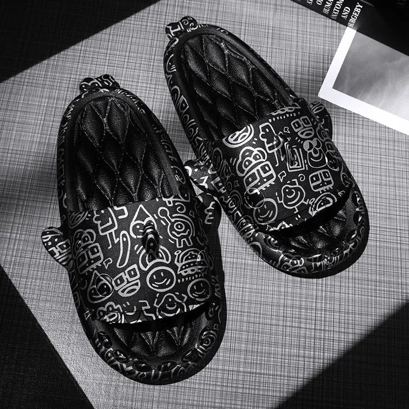 Beige EVA open-toe home slipper with a cute cartoon shark couple design on the footbed.