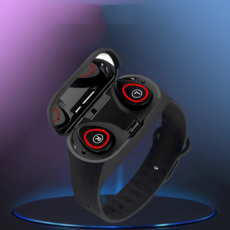Smart bracelet and earphone combo in black, blue, or red with a 1-inch screen and silicone wristband