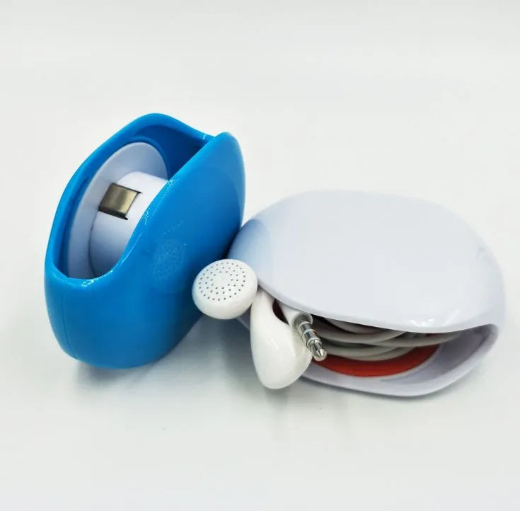 Automatic earphone cable winder retractor in assorted colours on a white background.