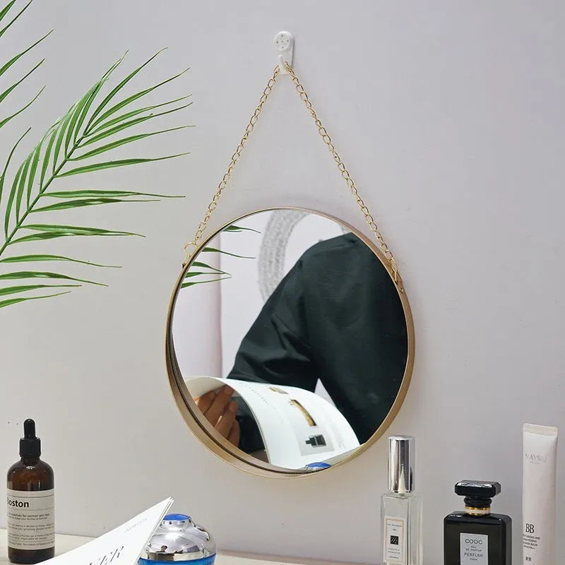 Gold round metal wrought iron bathroom wall mirror in Nordic style, packing size 25 x 25 x 4.5 cm