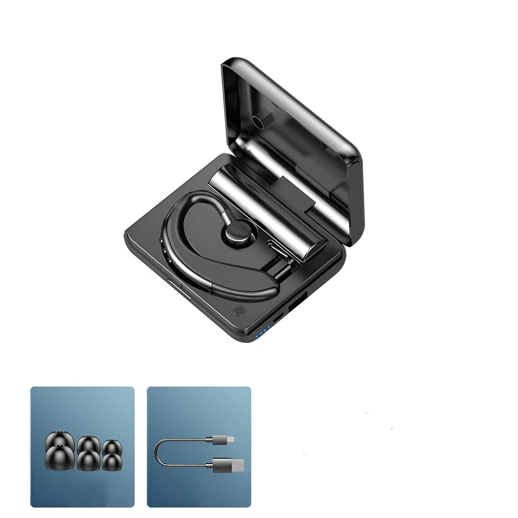 Wireless TWS stereo headset in black with charging case, featuring touch controls and fast charge capability.
