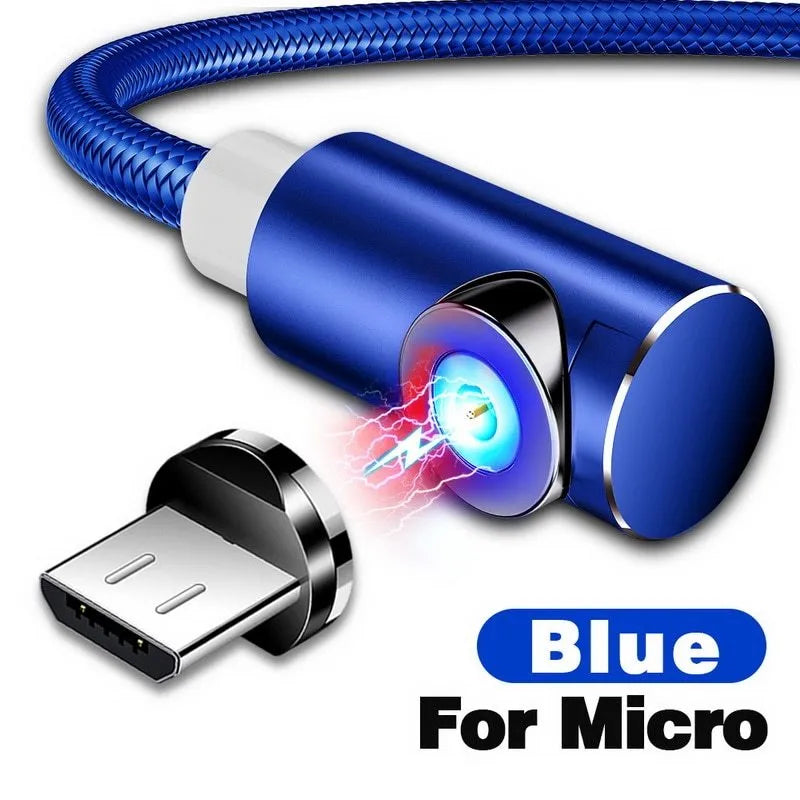 Magnetic charging cable with three interchangeable tips for Android, Apple and Type-C devices showing aluminium housing