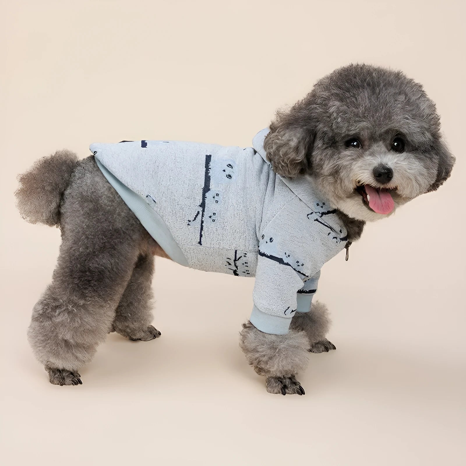 Blue casual dog sweater coat with a front zipper closure on a dog.
