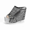 Korean style women's chunky heel platform flip-flops with hollowed-out heel and mesh upper in black.