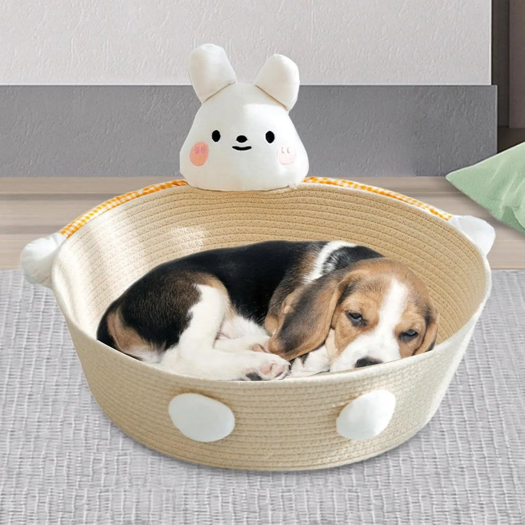 Woven cotton rope cat bed with scratching board in bear design