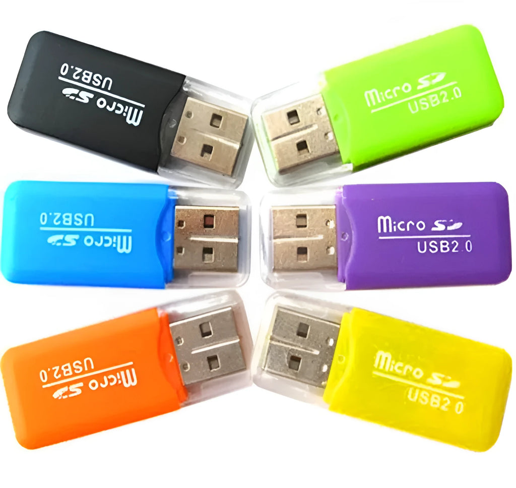 Mini USB TF and SD card reader with transfer adapter on a white background.