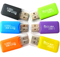 Mini USB TF and SD card reader with transfer adapter on a white background.