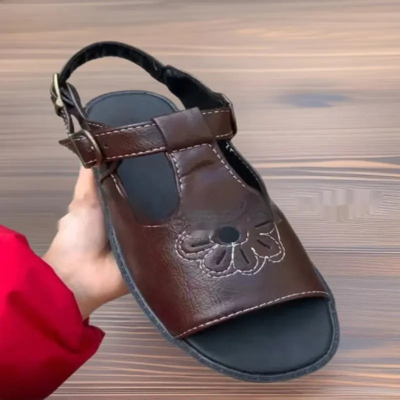 Men's embroidered floral pattern beach sandals in black or brown colours with flat heel