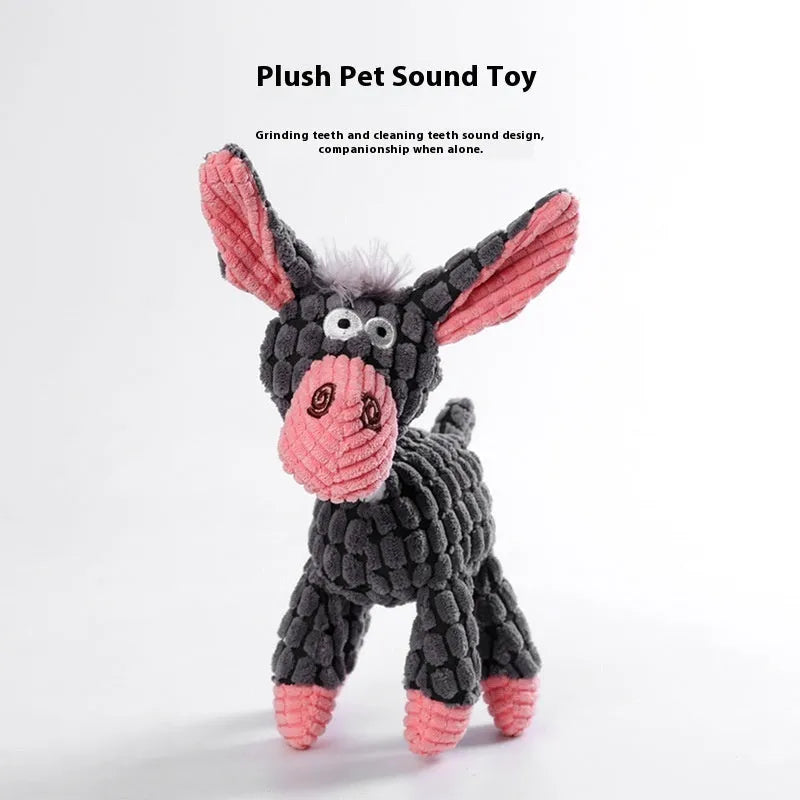 Bite-resistant puppy plush toy in animal designs including donkey, duck, elephant, and dog styles