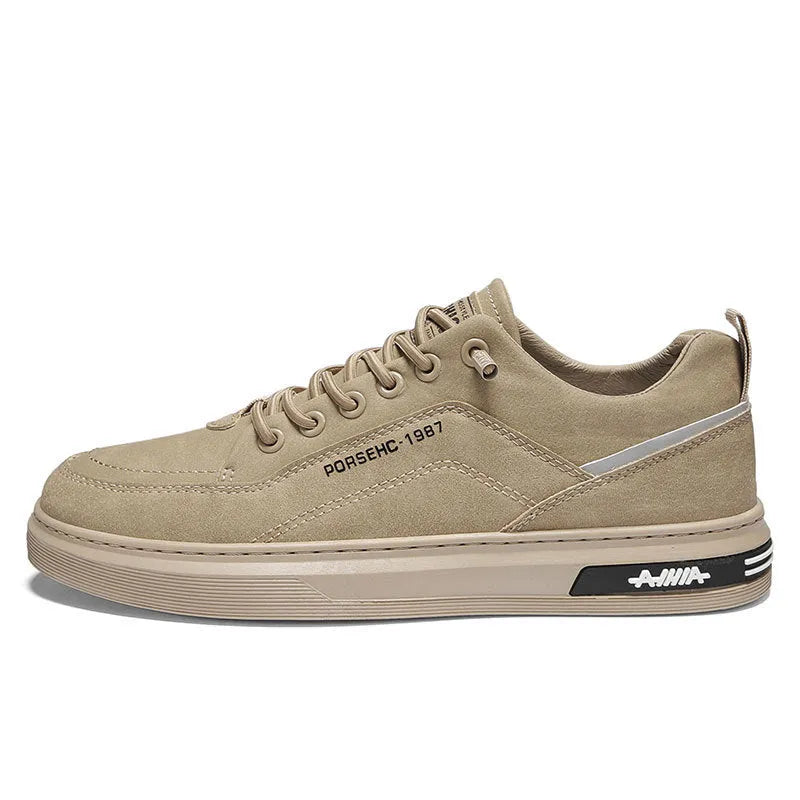 Men's waterproof casual shoes with rubber soles in khaki colour showing round toe and low-top design