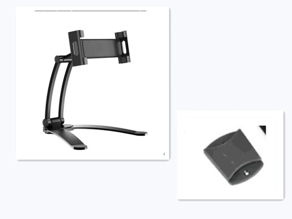 Silver and white aluminum alloy desktop stand holding a tablet at an adjustable angle.