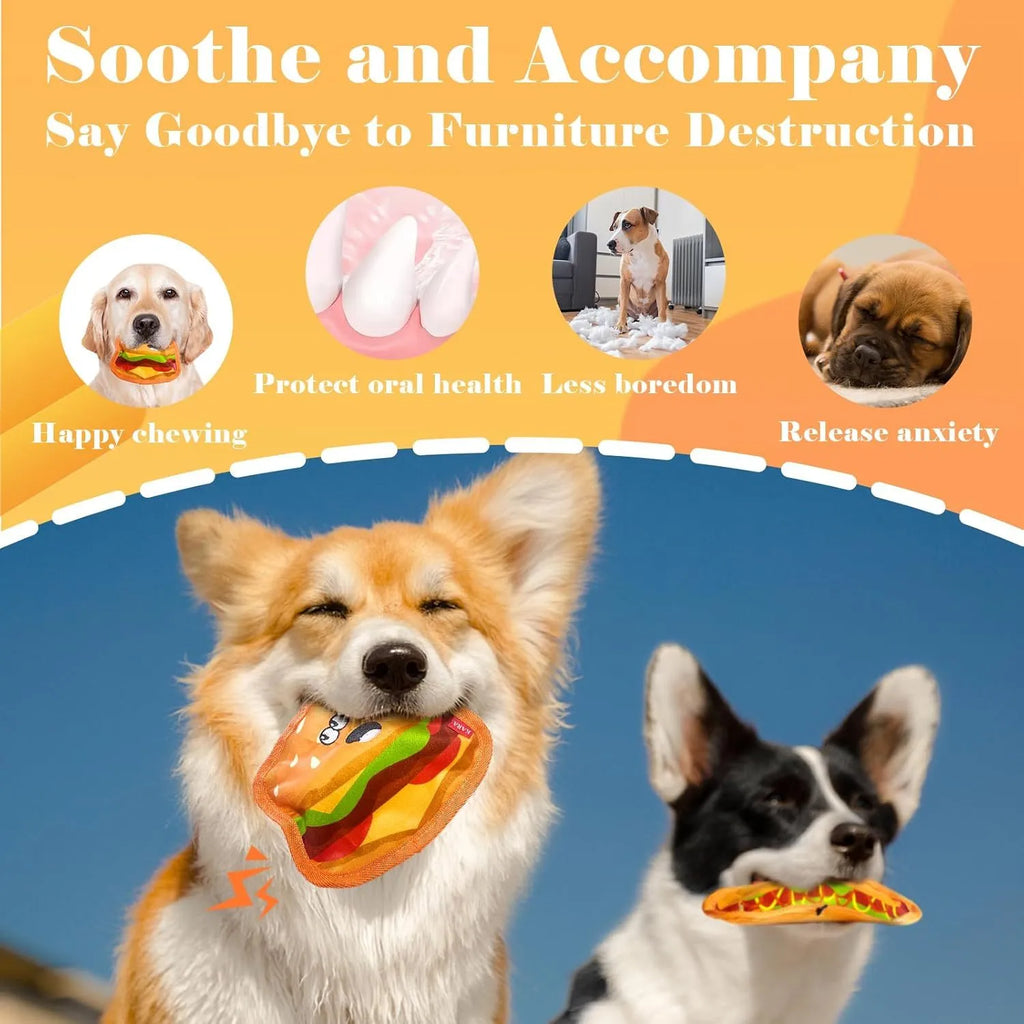 Food-shaped dog toy with crinkle and squeak features in hamburger, fries, hot dog, and pizza designs