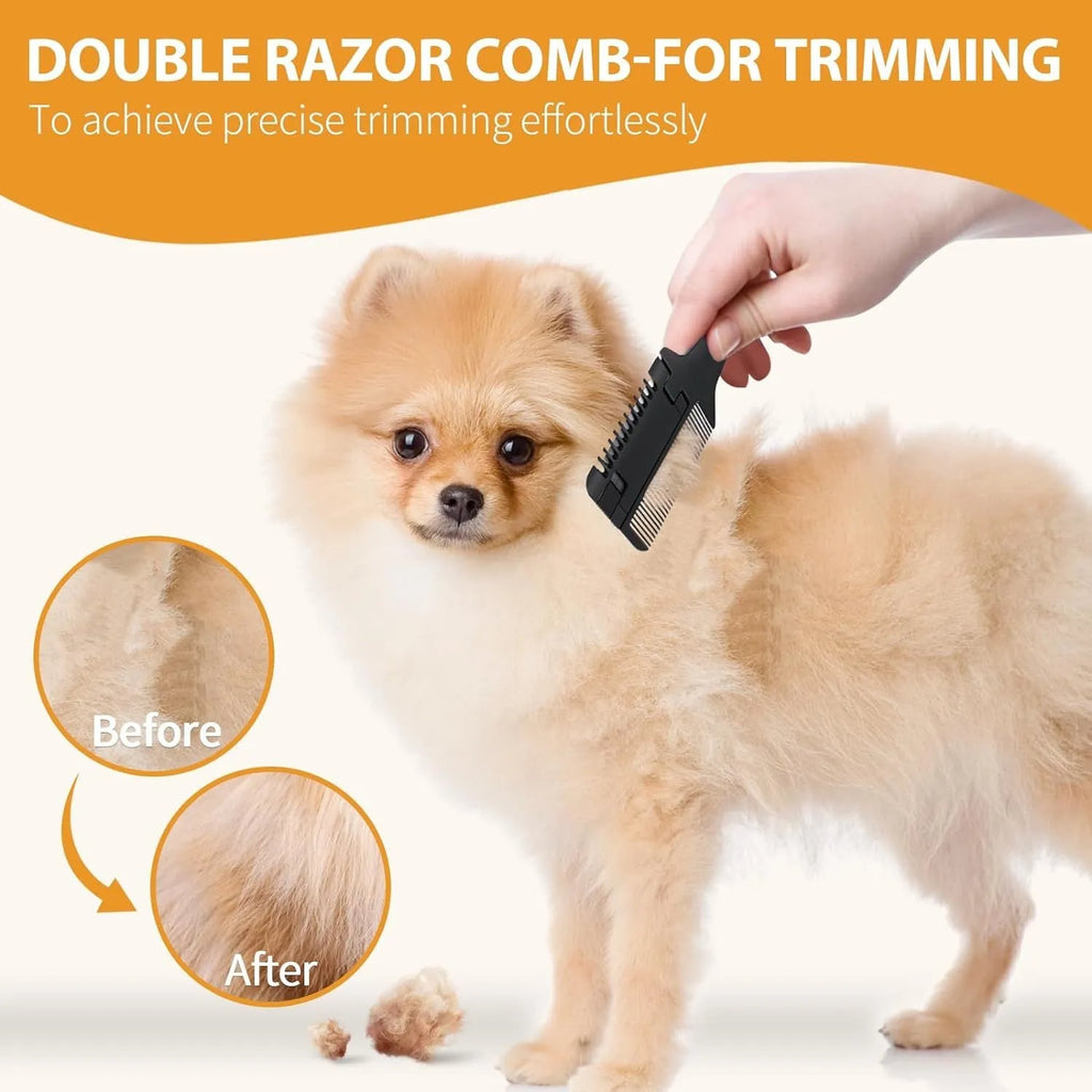 Pet razor comb for dogs and cats with ten spare blades on a white background.