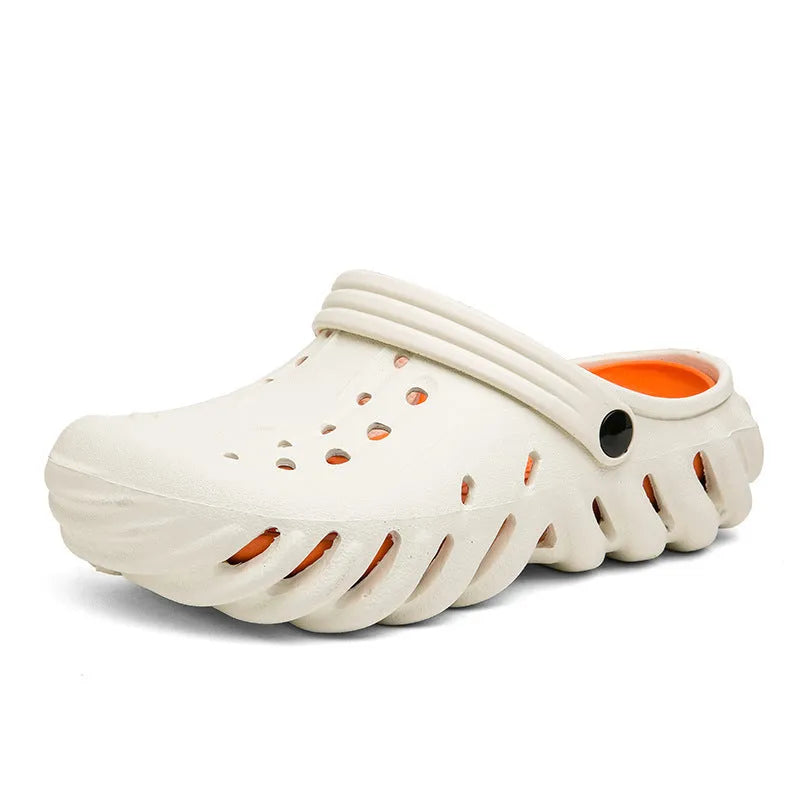 Men's beige EVA slipper sandals with hollow out design and non-slip sole on a neutral background.