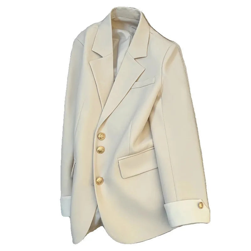 Women's loose-fitting mid-length polyester coat in milky white with pockets.