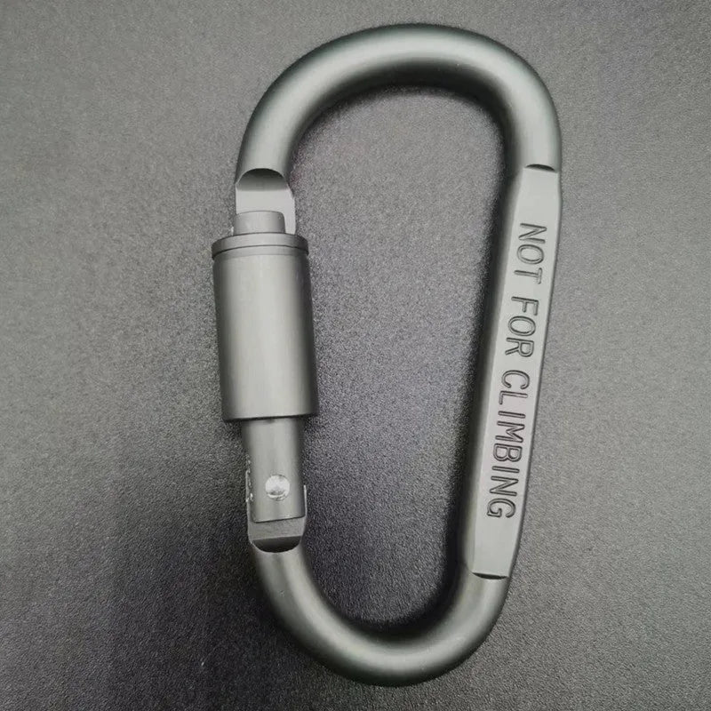 Aluminium D-shaped locking climbing carabiner with a flat 8cm design shown in silver.