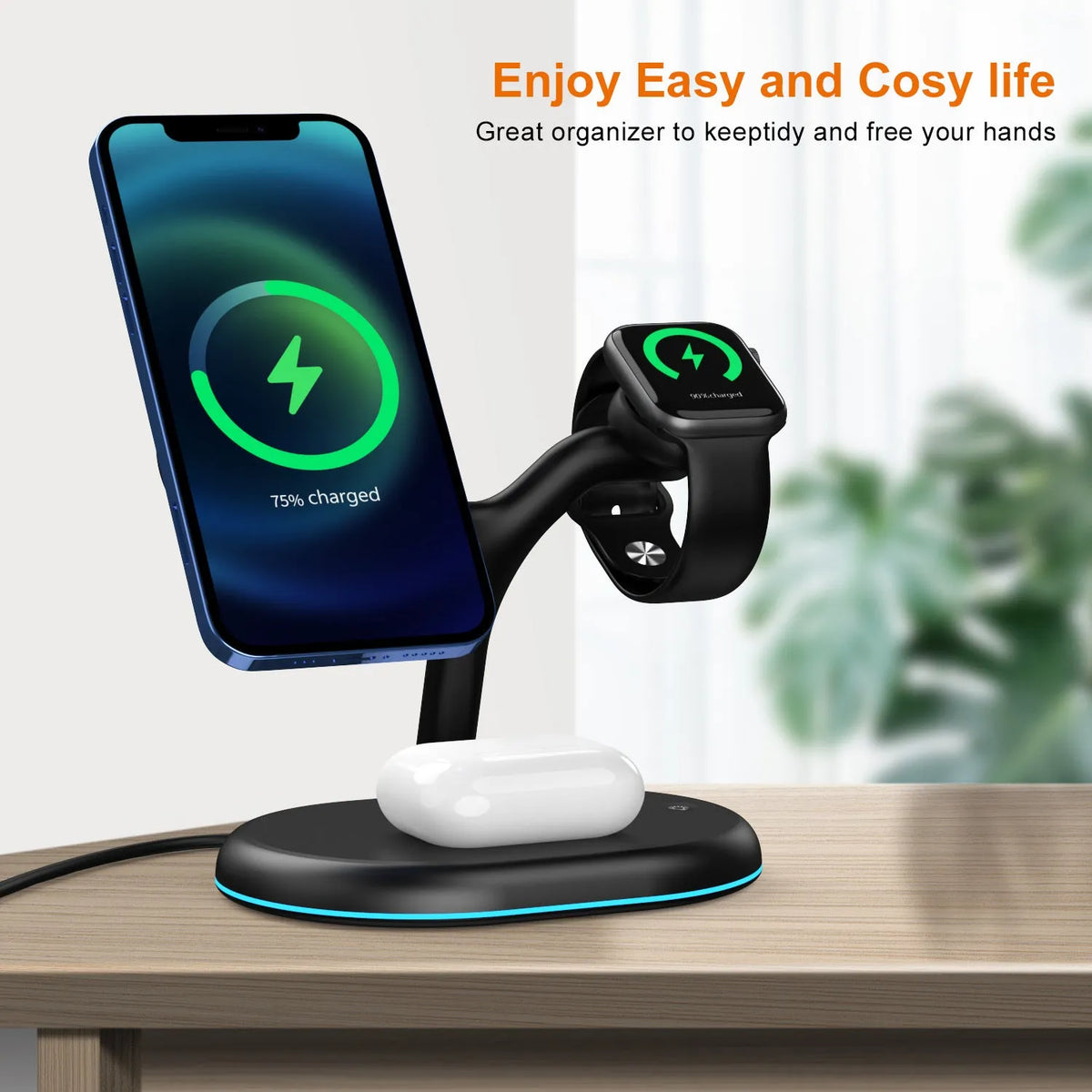 Black three-in-one magnetic wireless charger with simple design on a table.