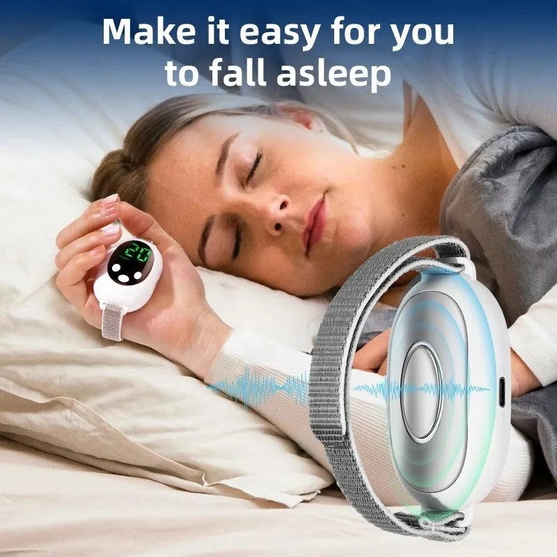 White sleep bracelet insomnia aid device with handheld remote control showing intensity adjustment buttons