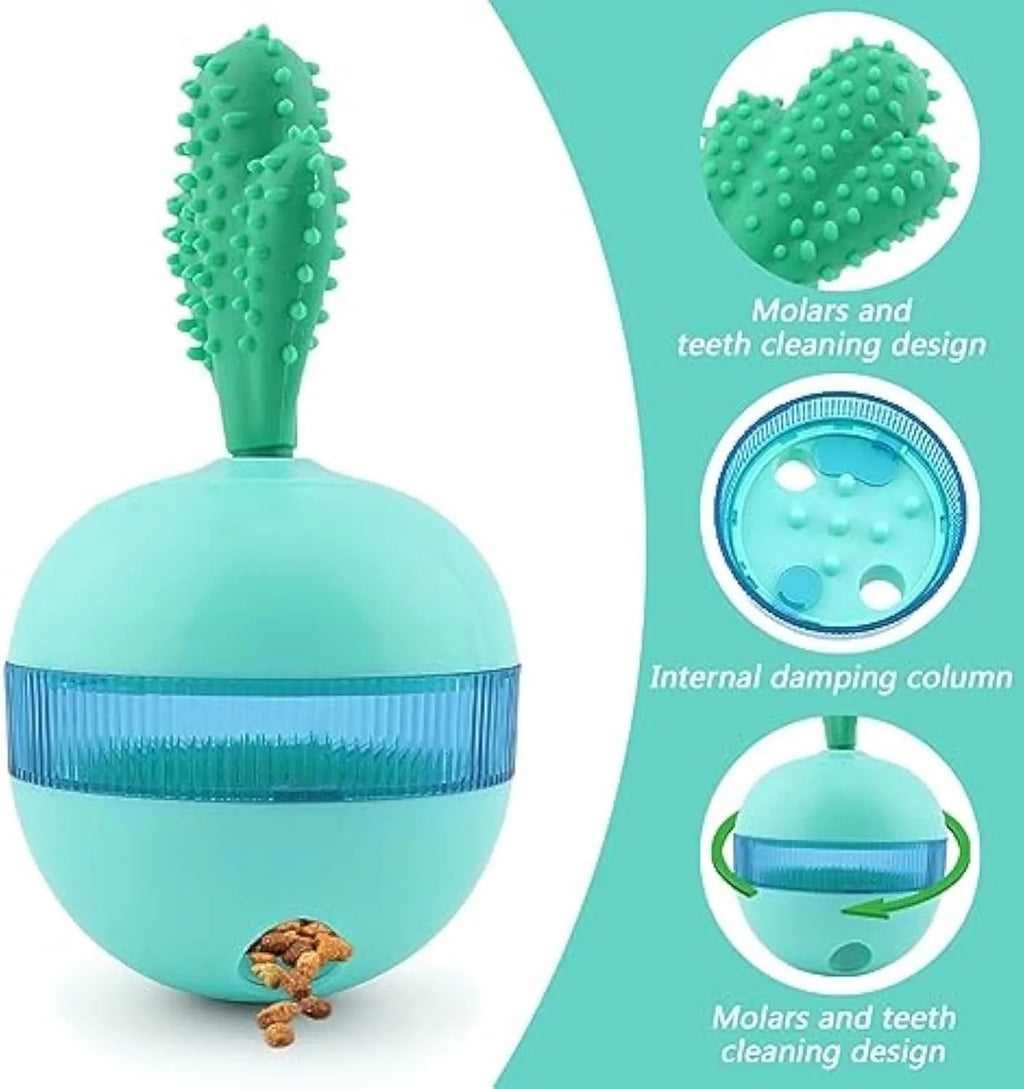 Blue durable rubber interactive dog treat dispenser ball with small leak holes