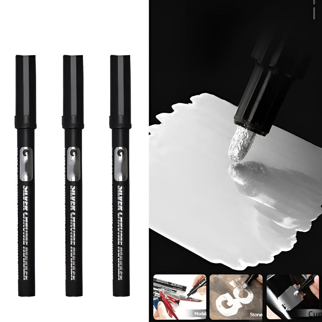 Waterproof mirror marker pen with plastic body, shown with 1mm and 2mm nib options.