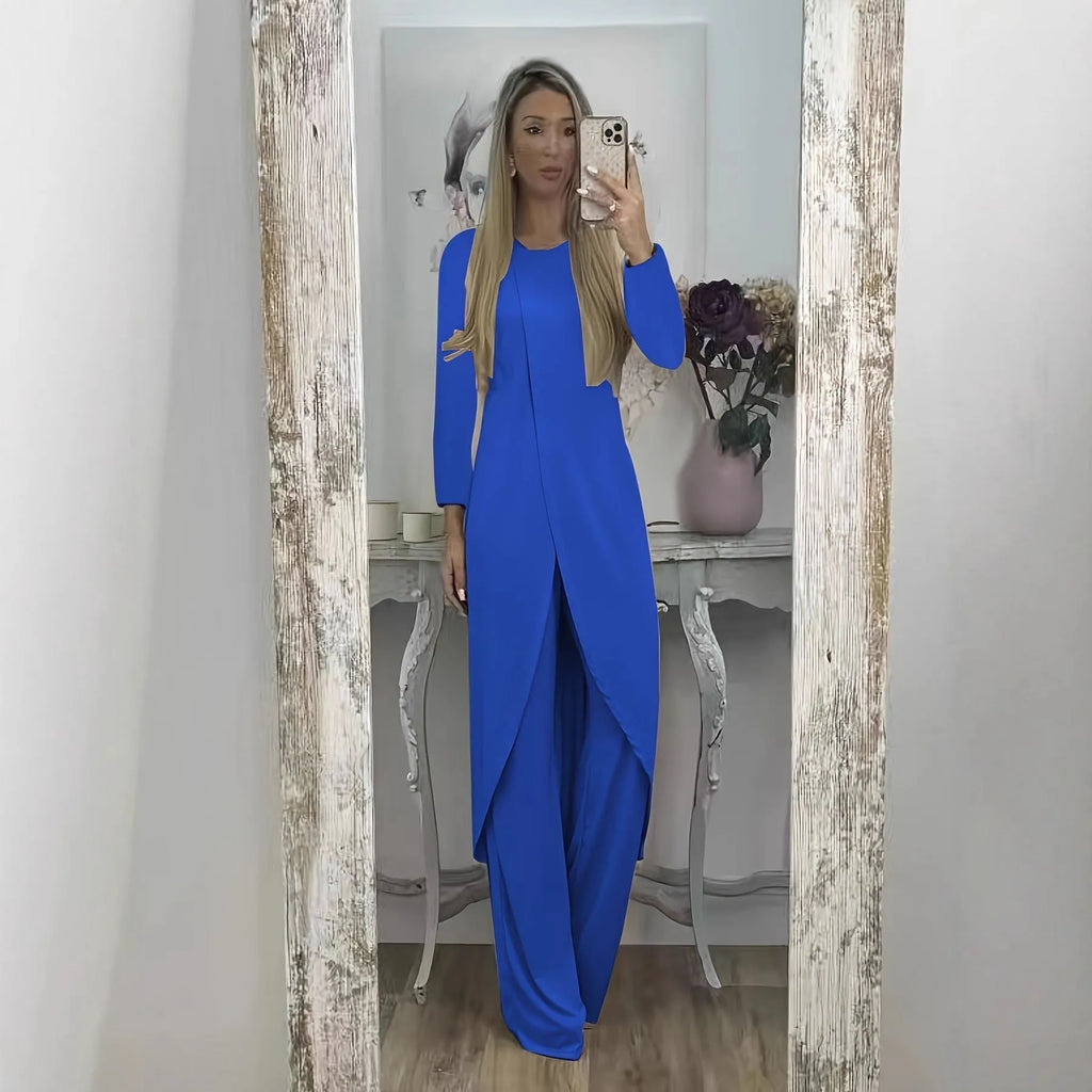 Casual long sleeve polyester two-piece set in khaki, showing loose round neck top and full-length trousers.