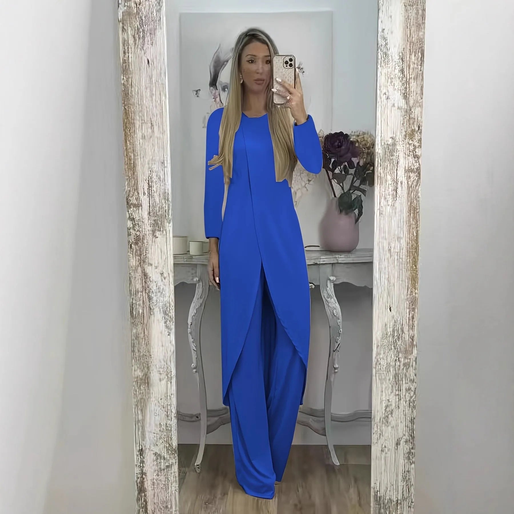 Casual long sleeve polyester two-piece set in khaki, showing loose round neck top and full-length trousers.