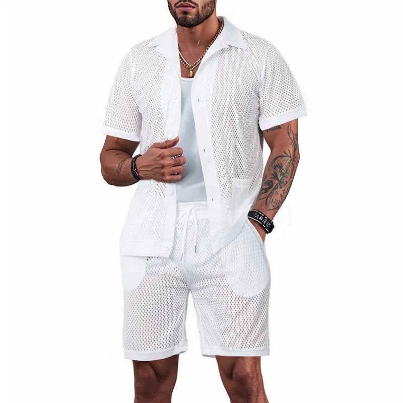 A woman wearing a light blue see-through cardigan and matching shorts from the Hawaii beach set.